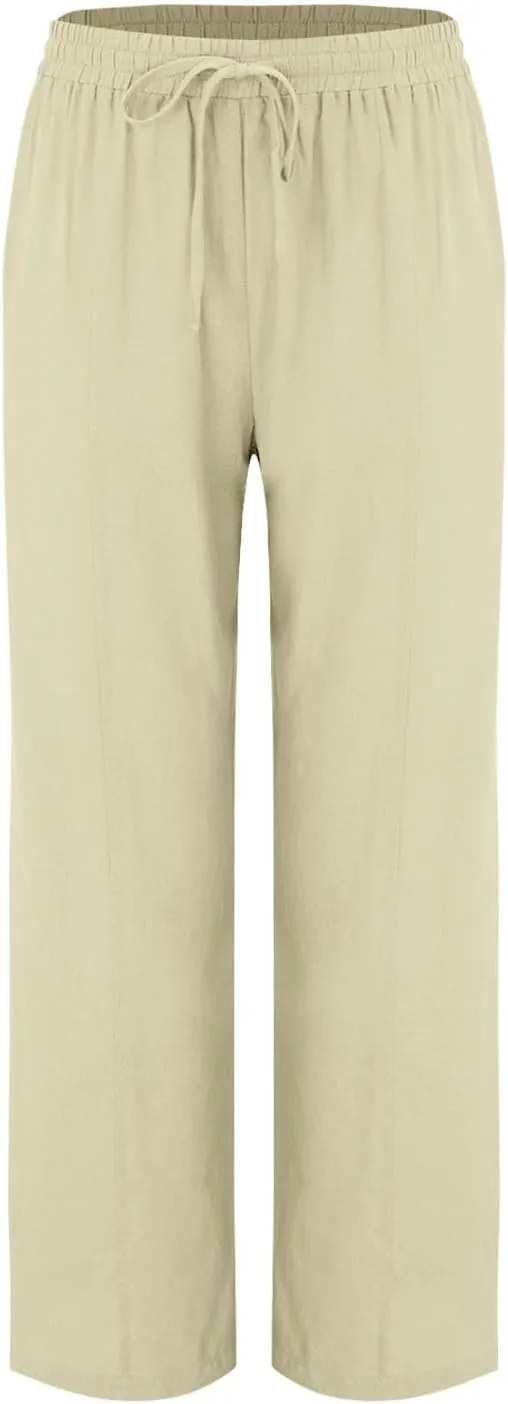 2025 Linen Pants Women Summer Beach Lounge Palazzo Trousers Loose Elastic Plus Size Drawstring with Pockets Pants