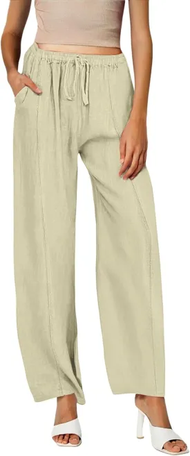 2025 Linen Pants Women Summer Beach Lounge Palazzo Trousers Loose Elastic Plus Size Drawstring with Pockets Pants