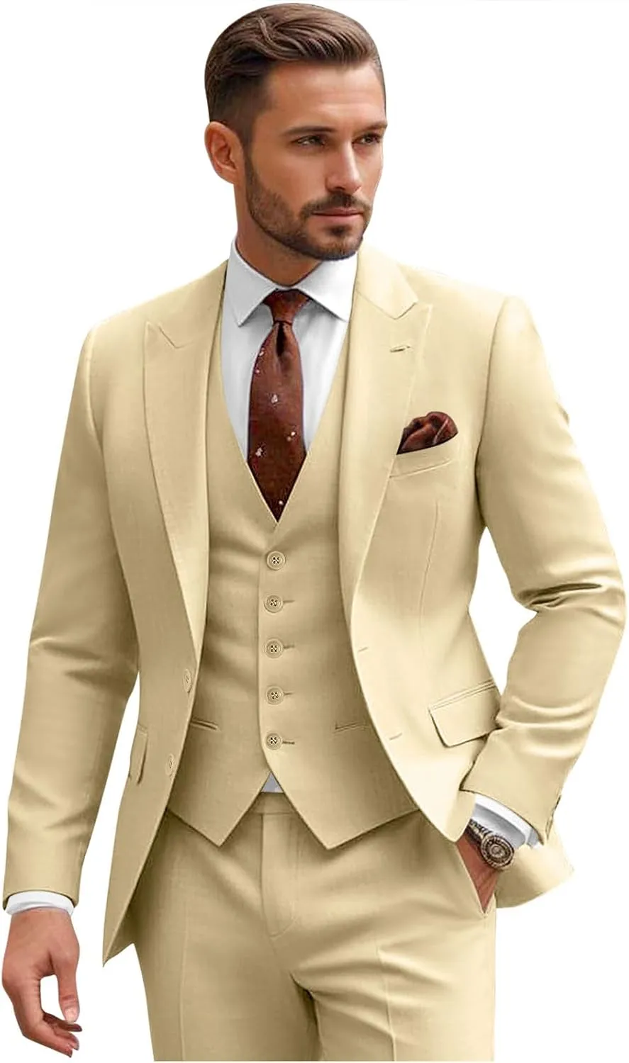 3 Piece Suits for Men Wedding Slim Fit Man Suit Sets Single Breasted Two Button Peak Lapel Blazer Vest Pants Set