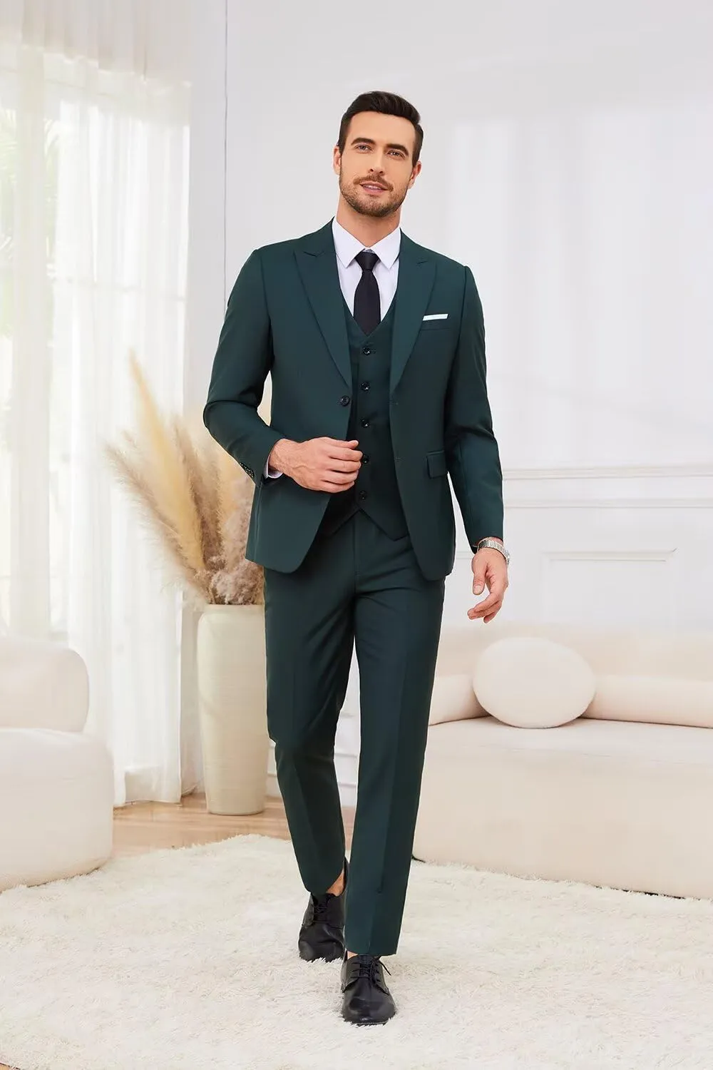 3 Piece Suits for Men Wedding Slim Fit Man Suit Sets Single Breasted Two Button Peak Lapel Blazer Vest Pants Set