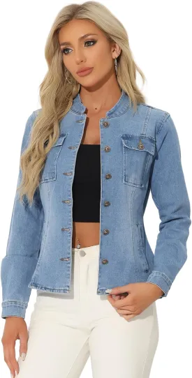 Allegra K Casual Denim Jacket for Women's Classic Stand Collar Long Sleeve Jean Jacket