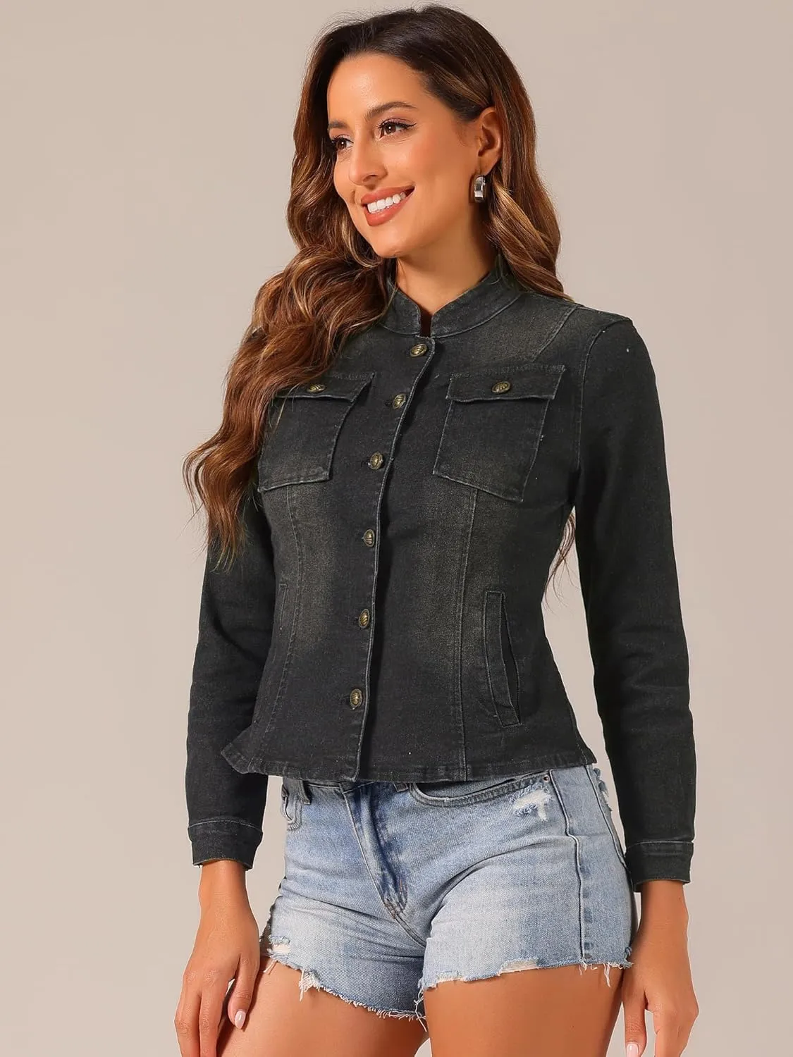 Allegra K Casual Denim Jacket for Women's Classic Stand Collar Long Sleeve Jean Jacket
