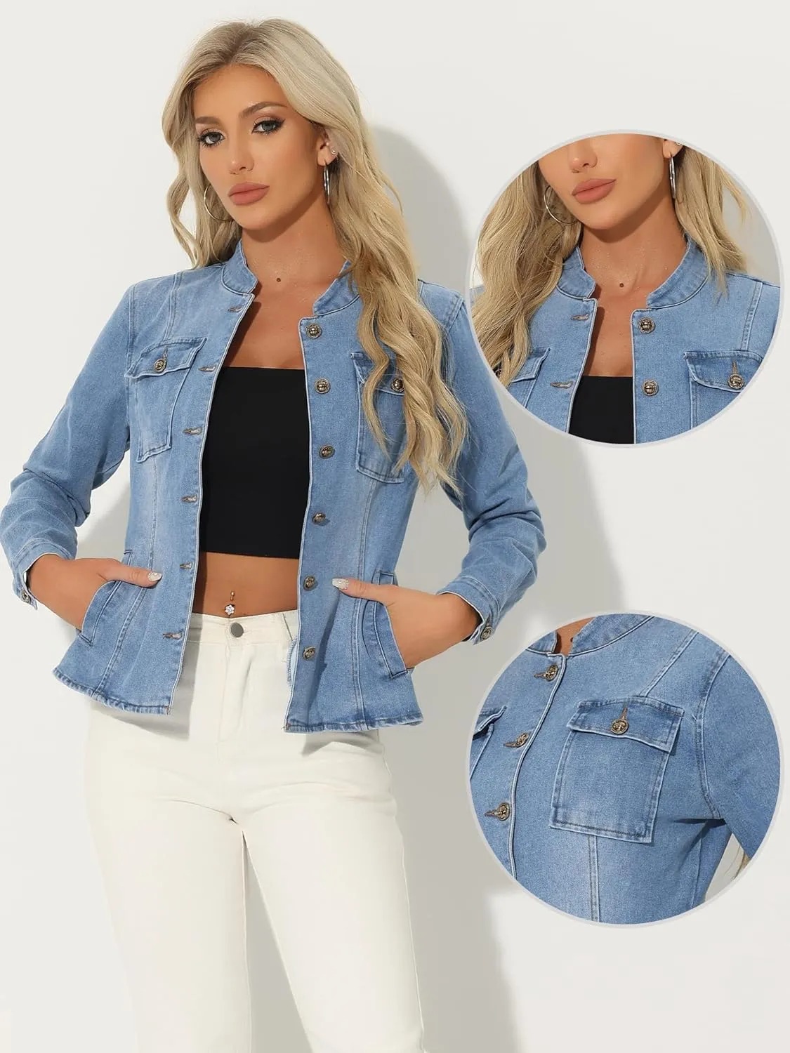 Allegra K Casual Denim Jacket for Women's Classic Stand Collar Long Sleeve Jean Jacket