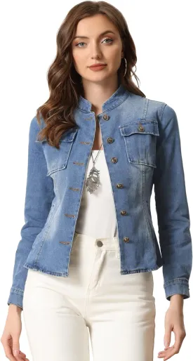 Allegra K Casual Denim Jacket for Women's Classic Stand Collar Long Sleeve Jean Jacket