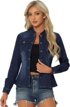 Allegra K Casual Denim Jacket for Women's Classic Stand Collar Long Sleeve Jean Jacket