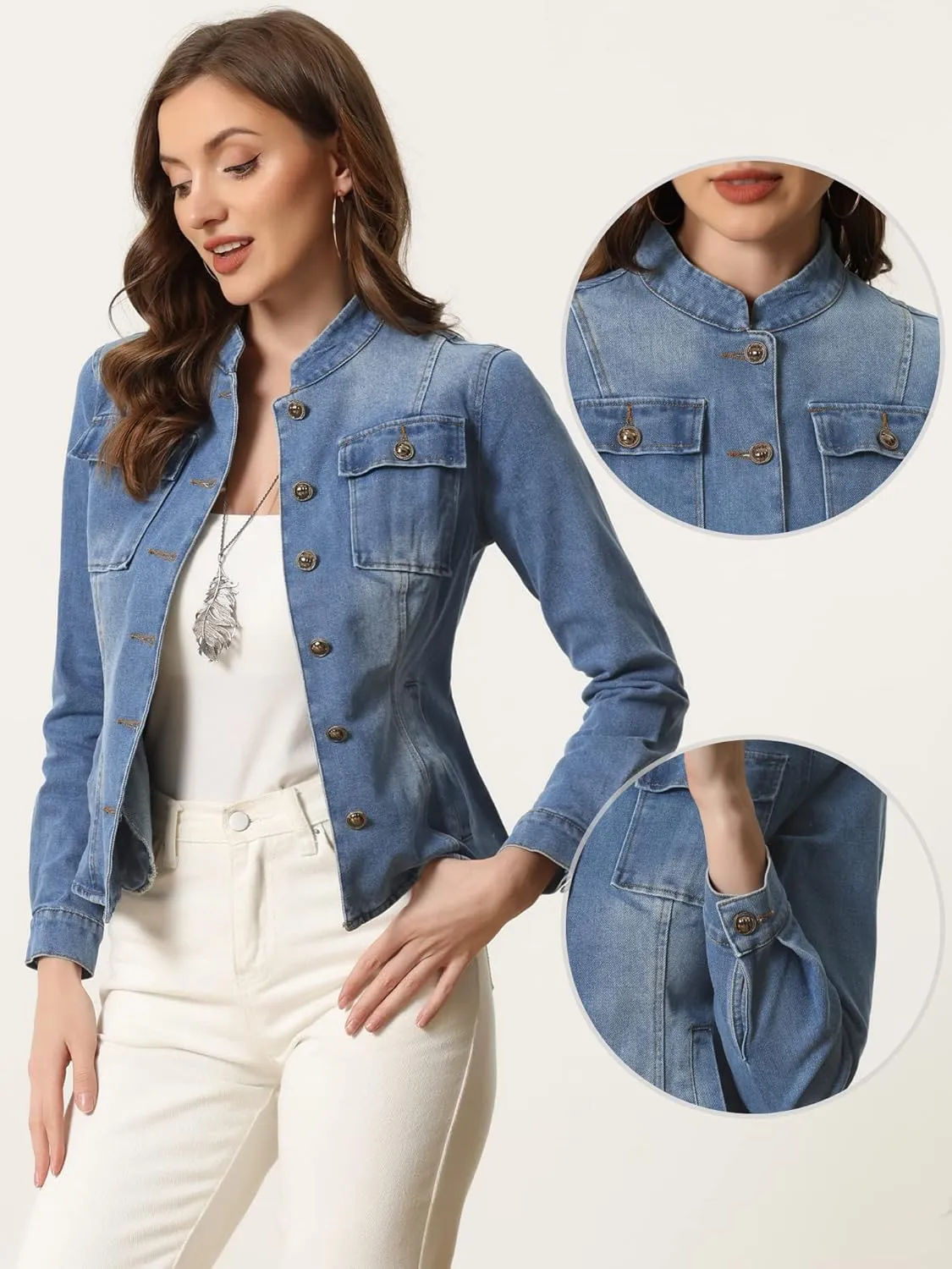 Allegra K Casual Denim Jacket for Women's Classic Stand Collar Long Sleeve Jean Jacket