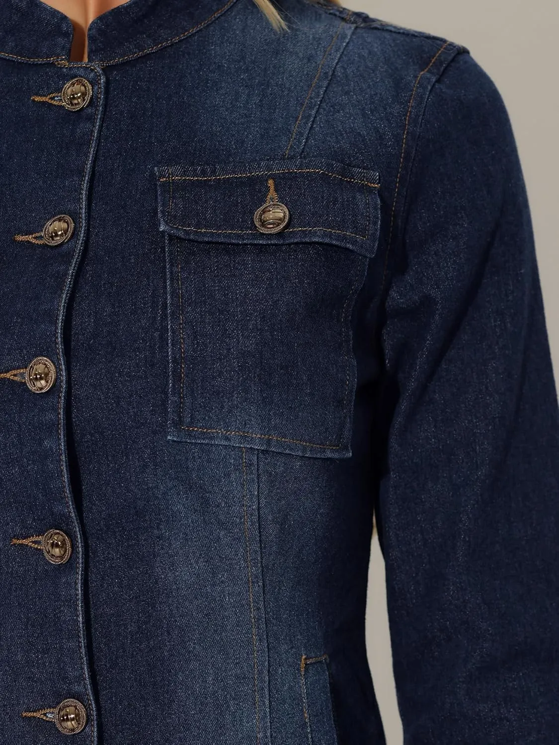Allegra K Casual Denim Jacket for Women's Classic Stand Collar Long Sleeve Jean Jacket