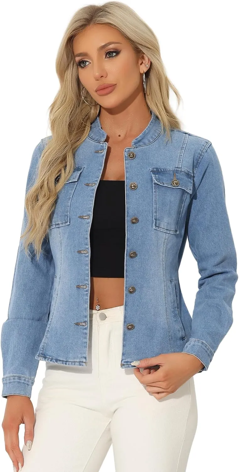 Allegra K Casual Denim Jacket for Women's Classic Stand Collar Long Sleeve Jean Jacket
