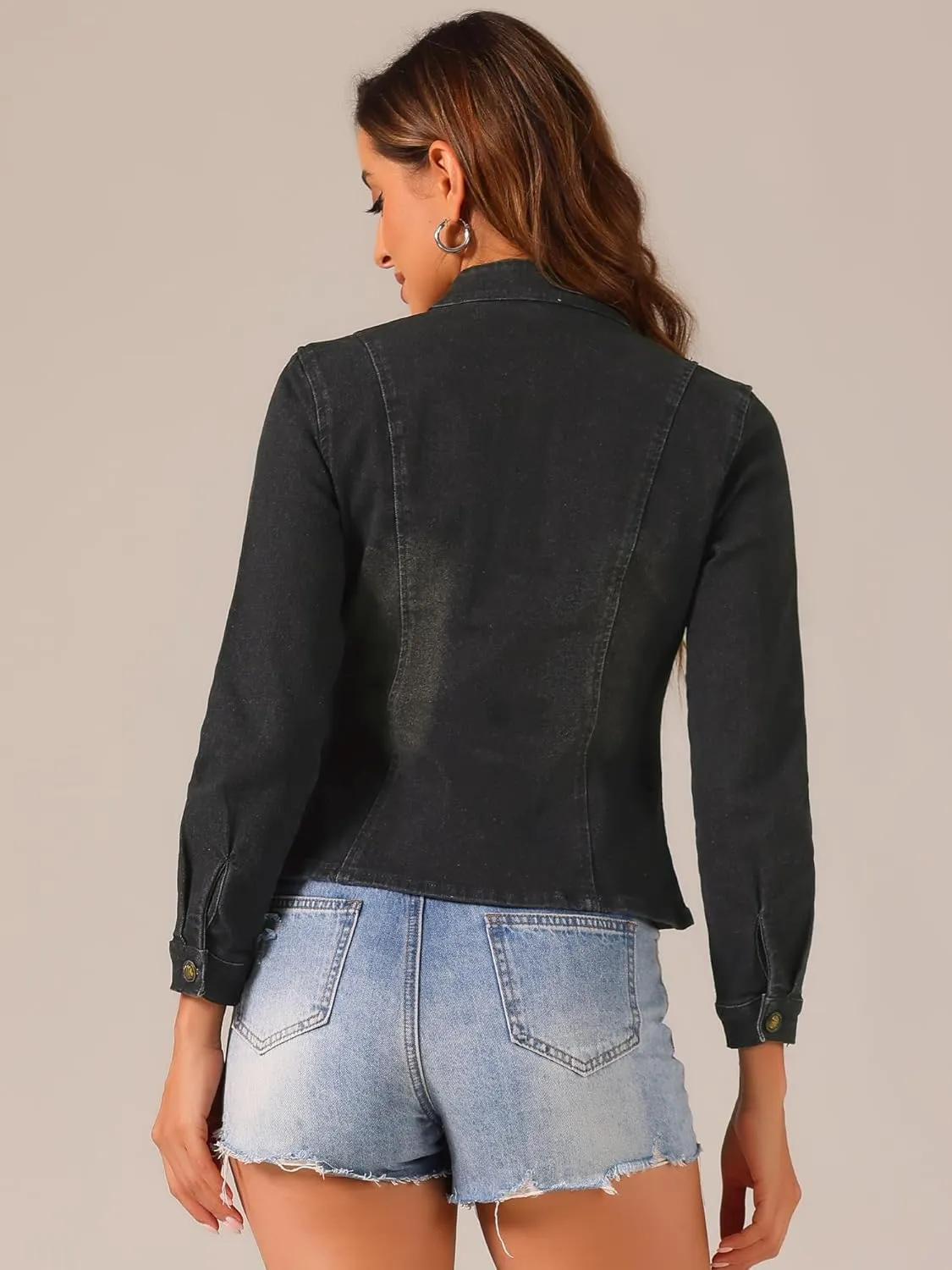 Allegra K Casual Denim Jacket for Women's Classic Stand Collar Long Sleeve Jean Jacket