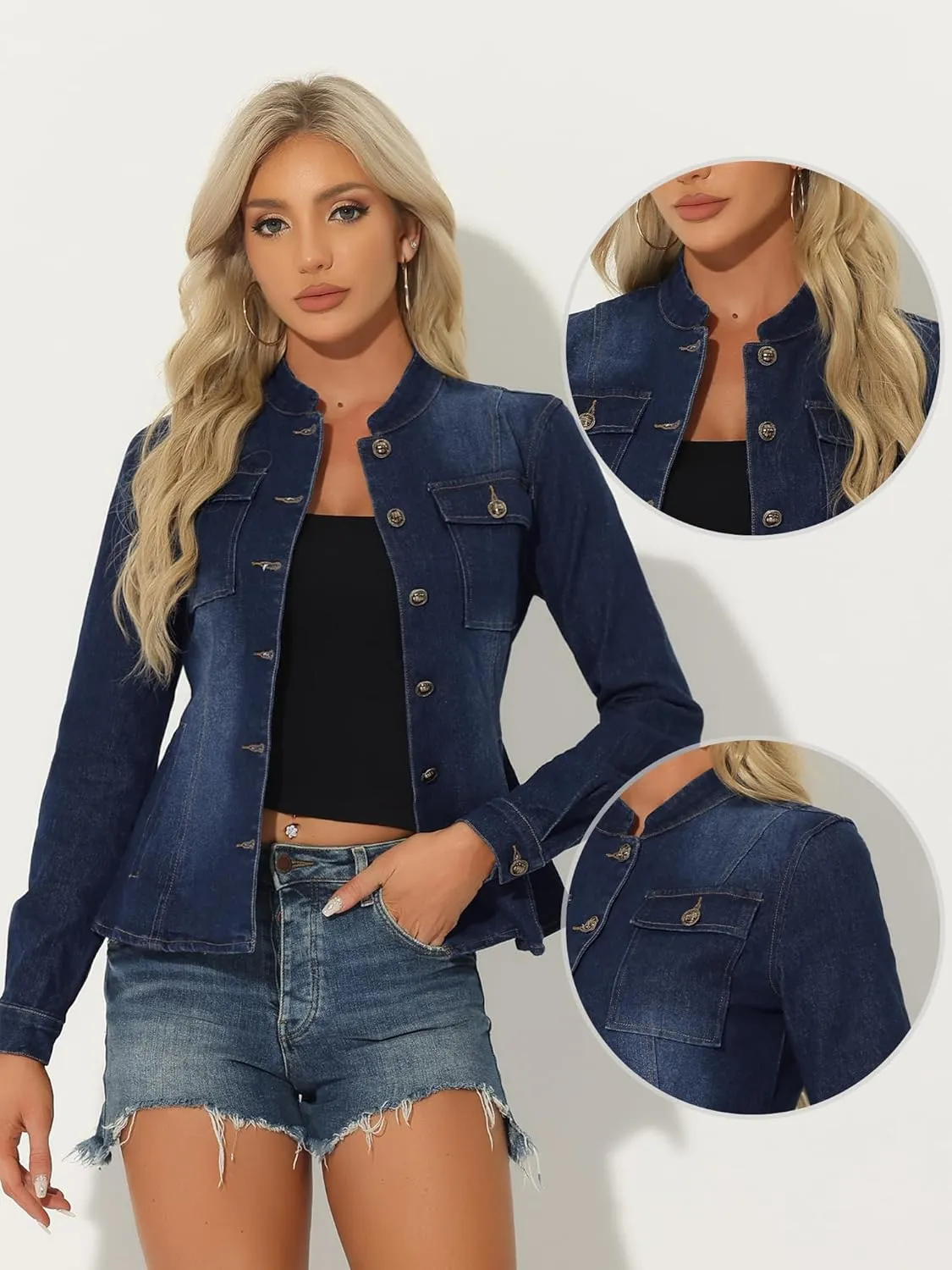 Allegra K Casual Denim Jacket for Women's Classic Stand Collar Long Sleeve Jean Jacket