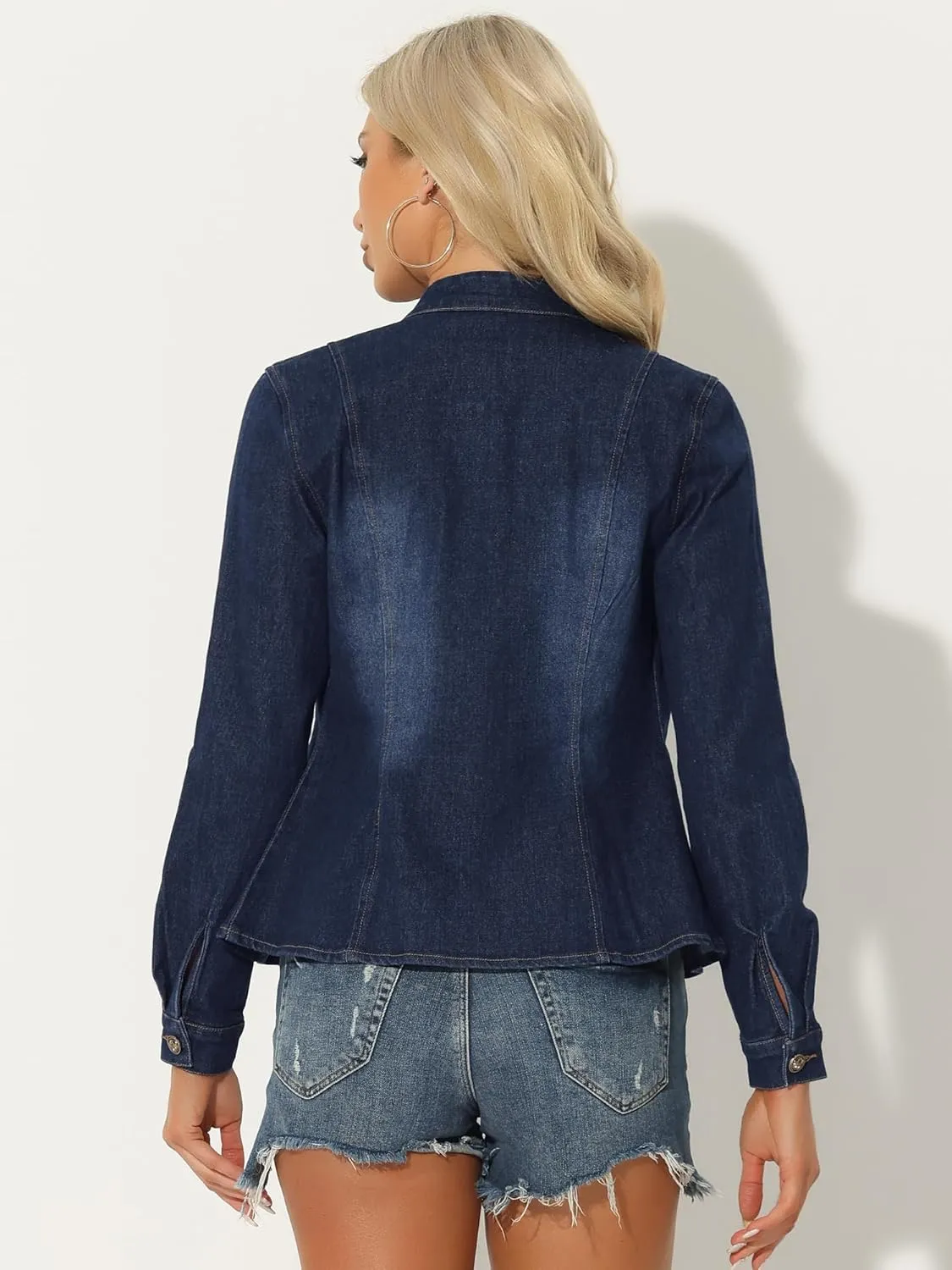 Allegra K Casual Denim Jacket for Women's Classic Stand Collar Long Sleeve Jean Jacket