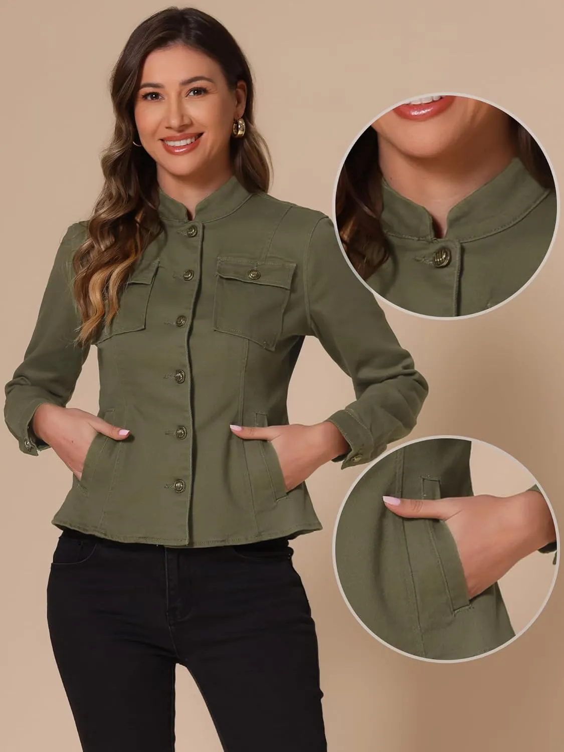 Allegra K Casual Denim Jacket for Women's Classic Stand Collar Long Sleeve Jean Jacket
