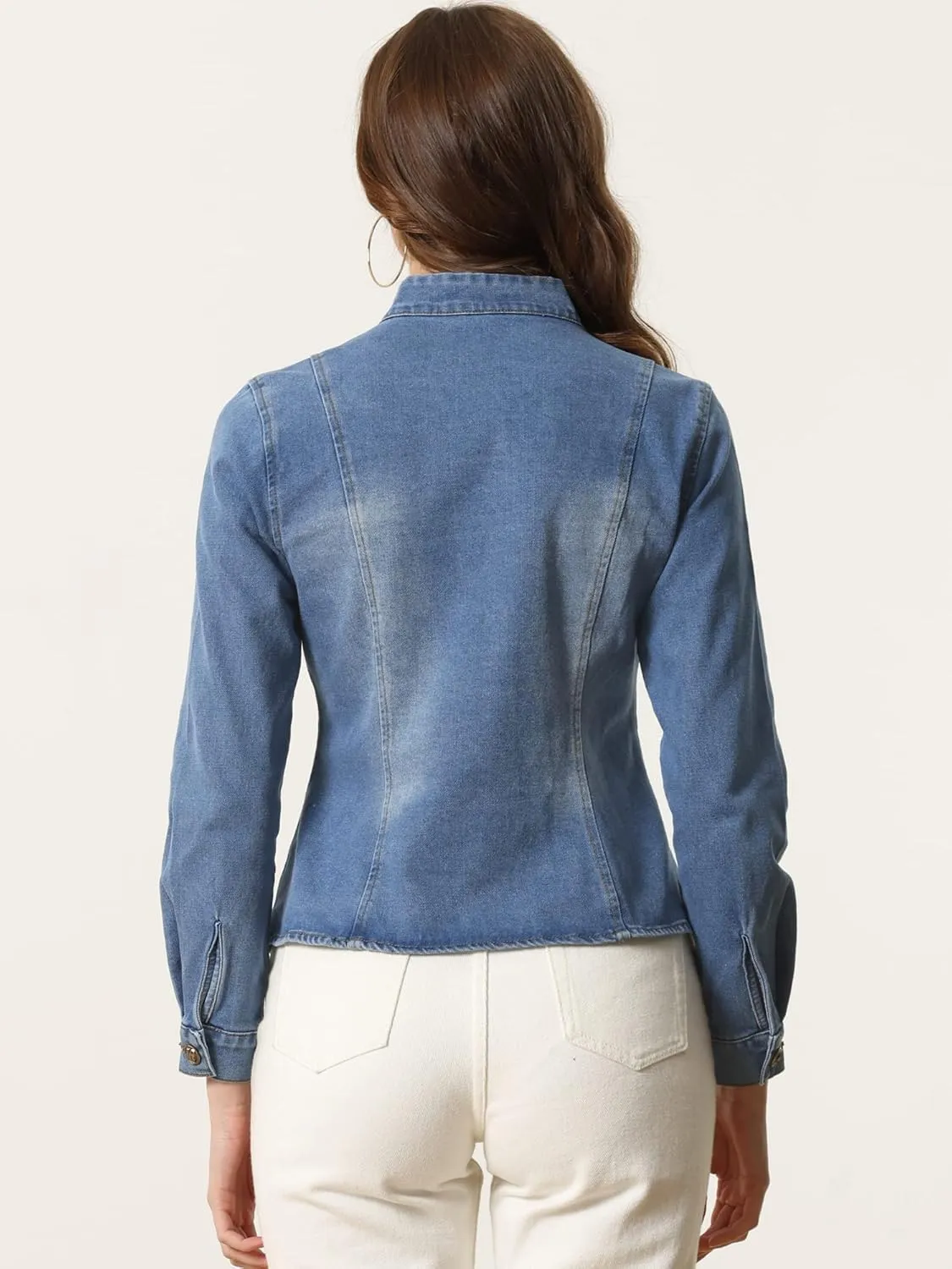 Allegra K Casual Denim Jacket for Women's Classic Stand Collar Long Sleeve Jean Jacket
