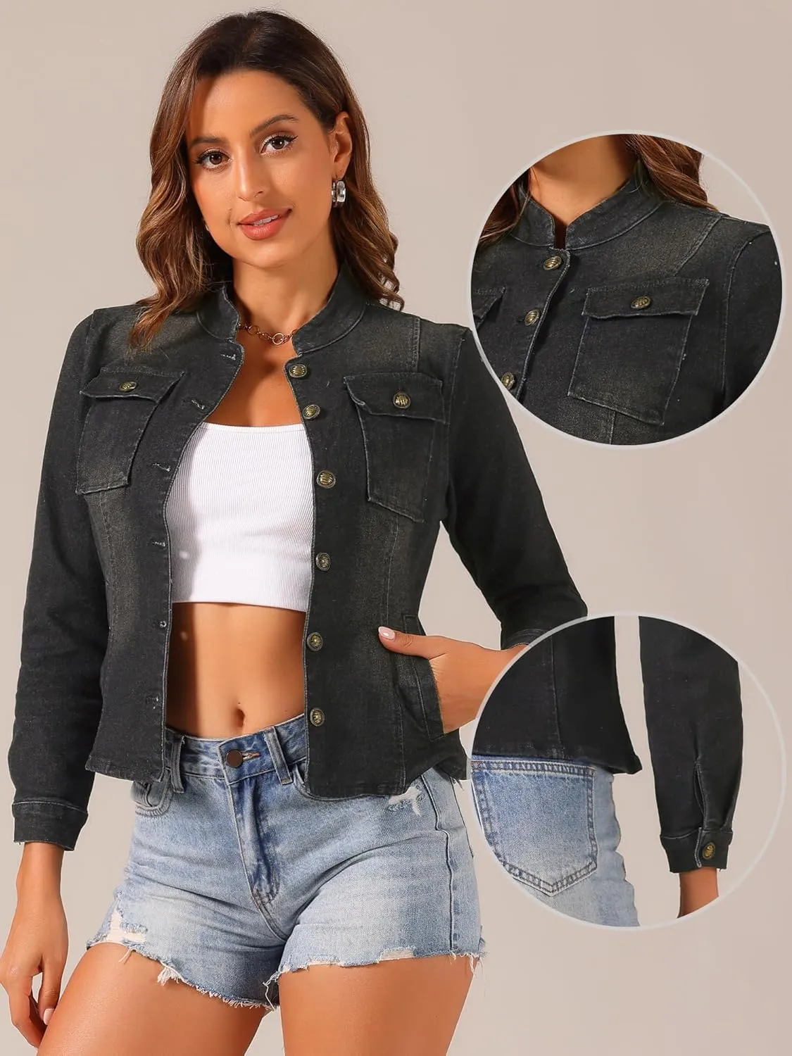 Allegra K Casual Denim Jacket for Women's Classic Stand Collar Long Sleeve Jean Jacket
