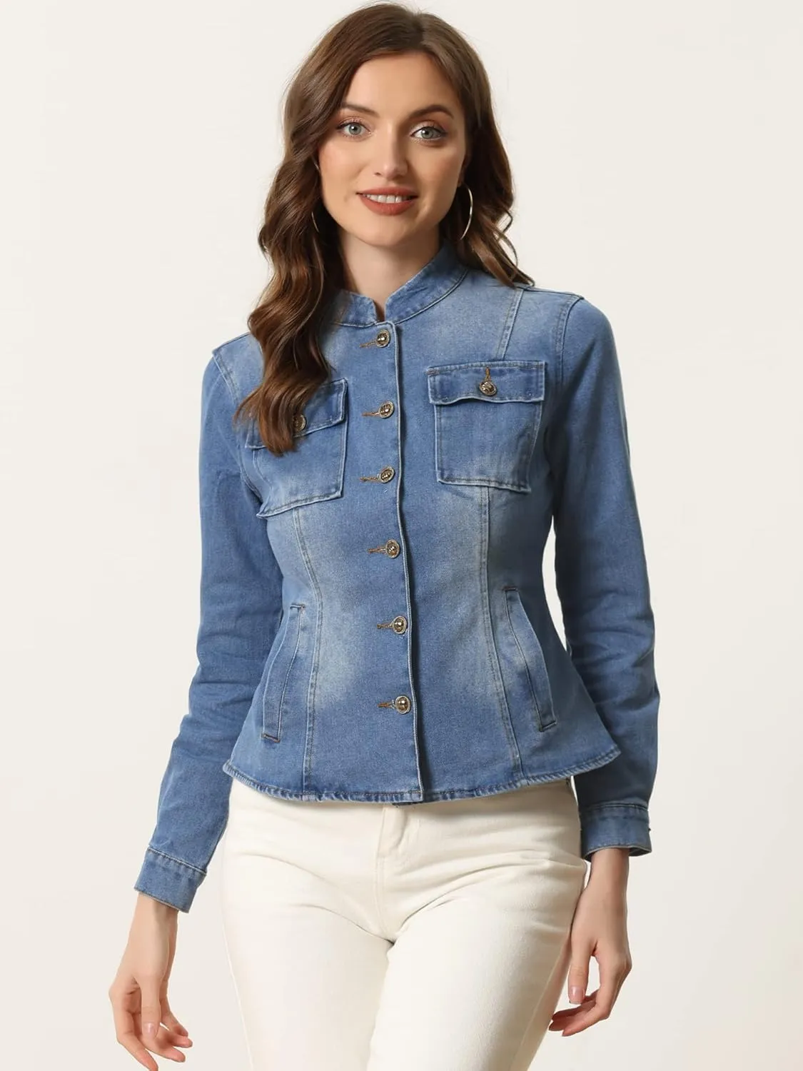 Allegra K Casual Denim Jacket for Women's Classic Stand Collar Long Sleeve Jean Jacket