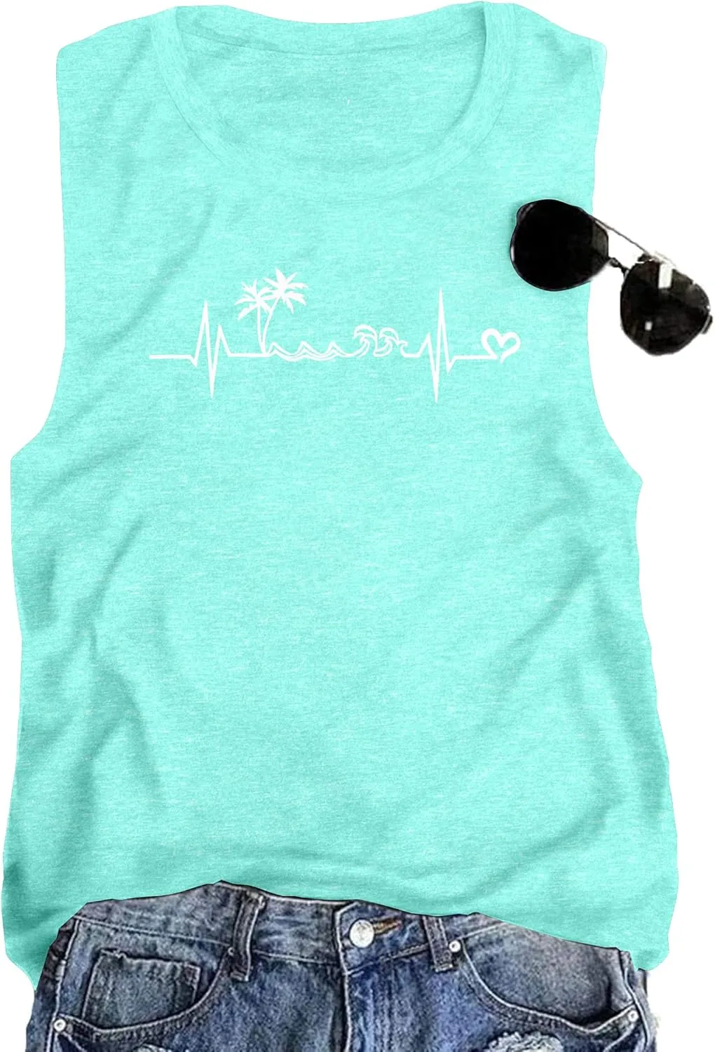 ALLTB Beach Tank Tops Women Beach Waves Sleeveless Shirt Hawaiian Ocean Vest Heartbeat Tank Summer Family Vacation Tanks