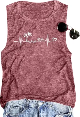 ALLTB Beach Tank Tops Women Beach Waves Sleeveless Shirt Hawaiian Ocean Vest Heartbeat Tank Summer Family Vacation Tanks
