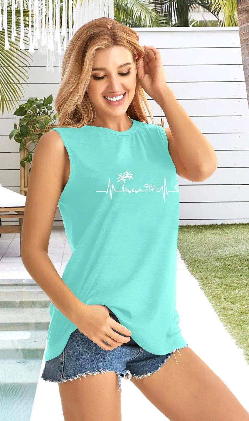 ALLTB Beach Tank Tops Women Beach Waves Sleeveless Shirt Hawaiian Ocean Vest Heartbeat Tank Summer Family Vacation Tanks