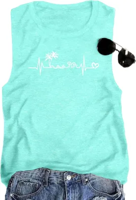 ALLTB Beach Tank Tops Women Beach Waves Sleeveless Shirt Hawaiian Ocean Vest Heartbeat Tank Summer Family Vacation Tanks