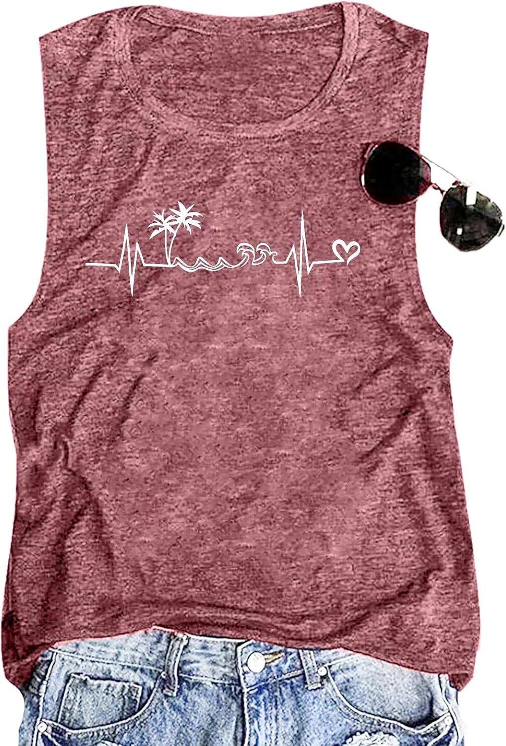ALLTB Beach Tank Tops Women Beach Waves Sleeveless Shirt Hawaiian Ocean Vest Heartbeat Tank Summer Family Vacation Tanks