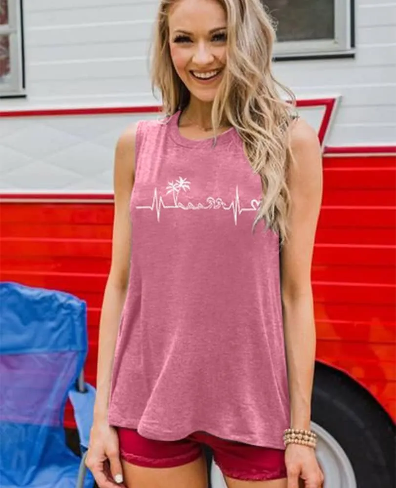 ALLTB Beach Tank Tops Women Beach Waves Sleeveless Shirt Hawaiian Ocean Vest Heartbeat Tank Summer Family Vacation Tanks