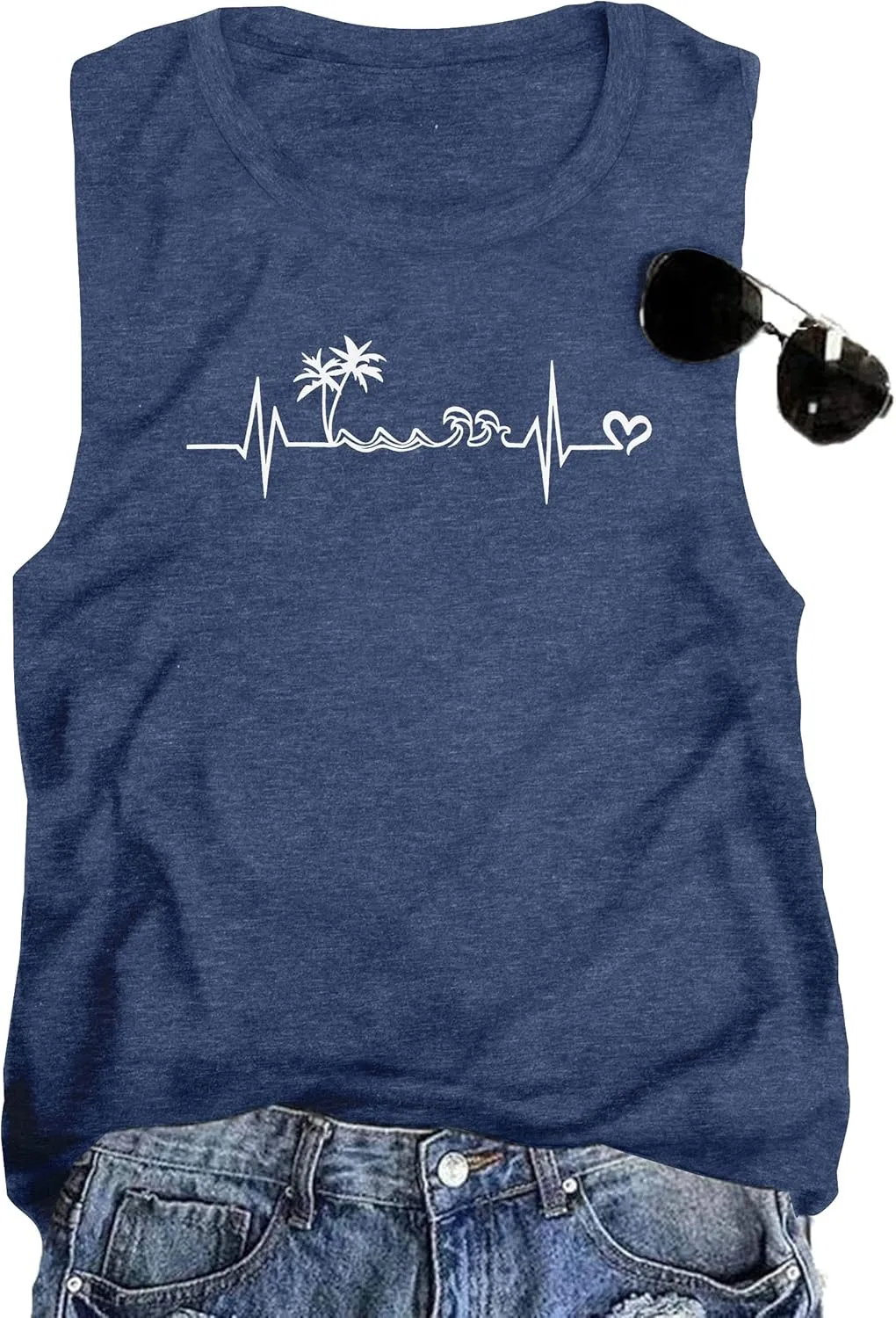 ALLTB Beach Tank Tops Women Beach Waves Sleeveless Shirt Hawaiian Ocean Vest Heartbeat Tank Summer Family Vacation Tanks