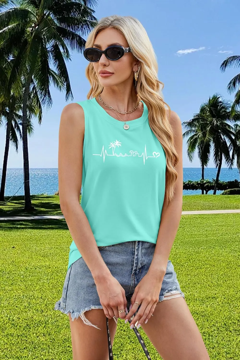 ALLTB Beach Tank Tops Women Beach Waves Sleeveless Shirt Hawaiian Ocean Vest Heartbeat Tank Summer Family Vacation Tanks