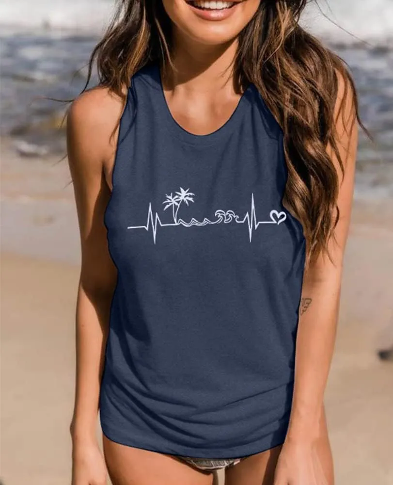 ALLTB Beach Tank Tops Women Beach Waves Sleeveless Shirt Hawaiian Ocean Vest Heartbeat Tank Summer Family Vacation Tanks