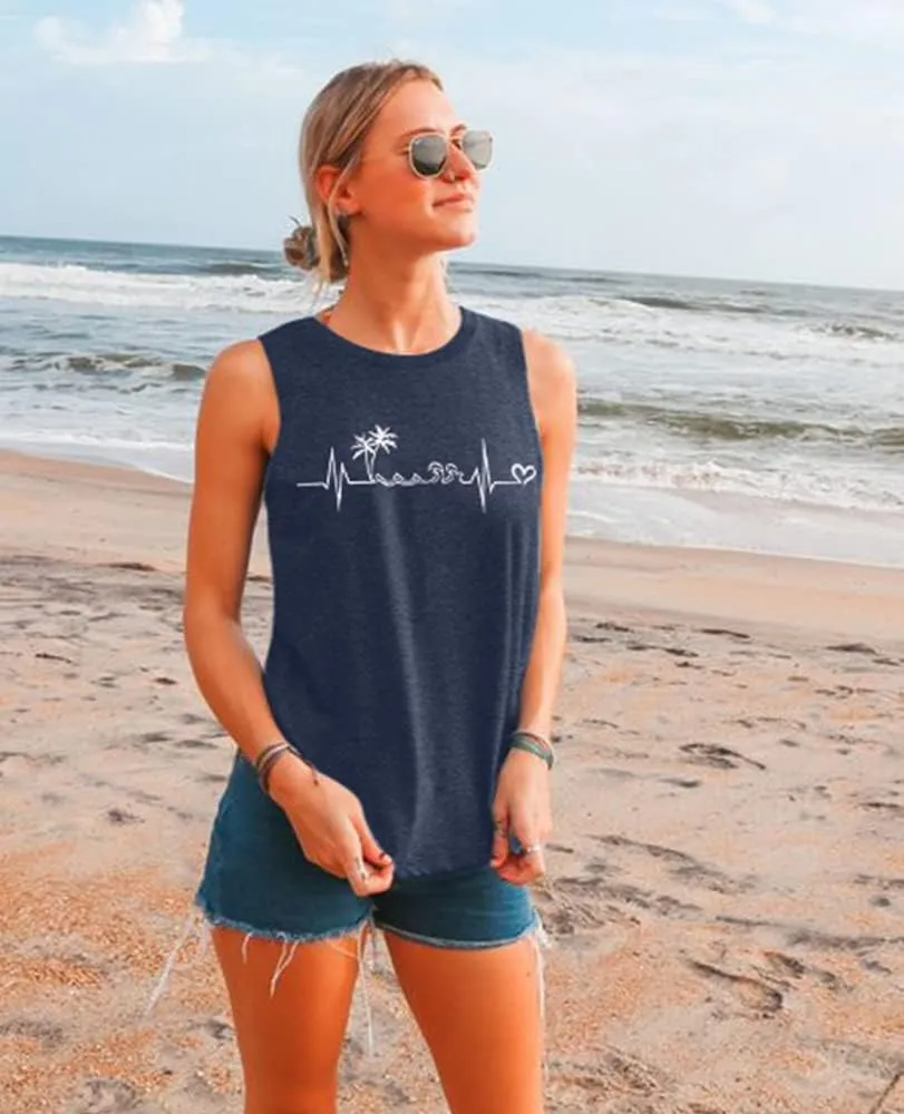 ALLTB Beach Tank Tops Women Beach Waves Sleeveless Shirt Hawaiian Ocean Vest Heartbeat Tank Summer Family Vacation Tanks