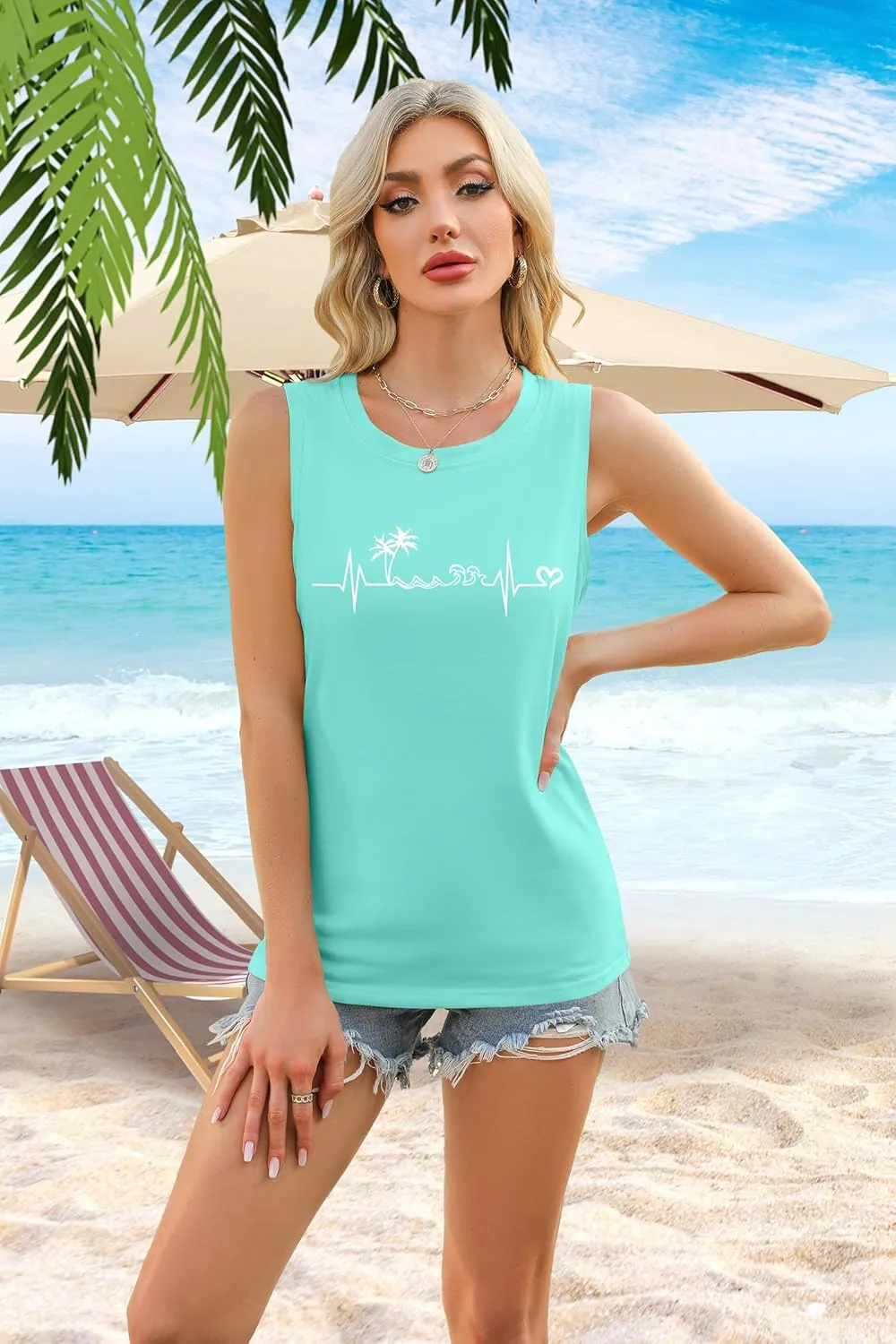 ALLTB Beach Tank Tops Women Beach Waves Sleeveless Shirt Hawaiian Ocean Vest Heartbeat Tank Summer Family Vacation Tanks