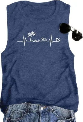 ALLTB Beach Tank Tops Women Beach Waves Sleeveless Shirt Hawaiian Ocean Vest Heartbeat Tank Summer Family Vacation Tanks