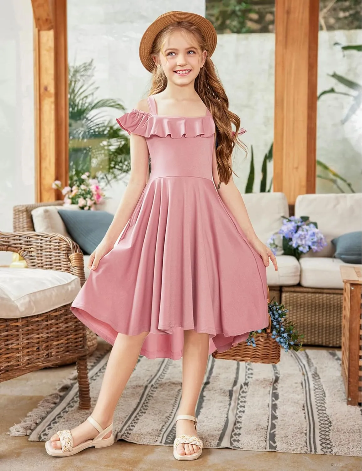Arshiner Girls Summer Dress Off Shoulder Flutter Sleeve Midi Swing Cassual Formal Dresses with Pocket