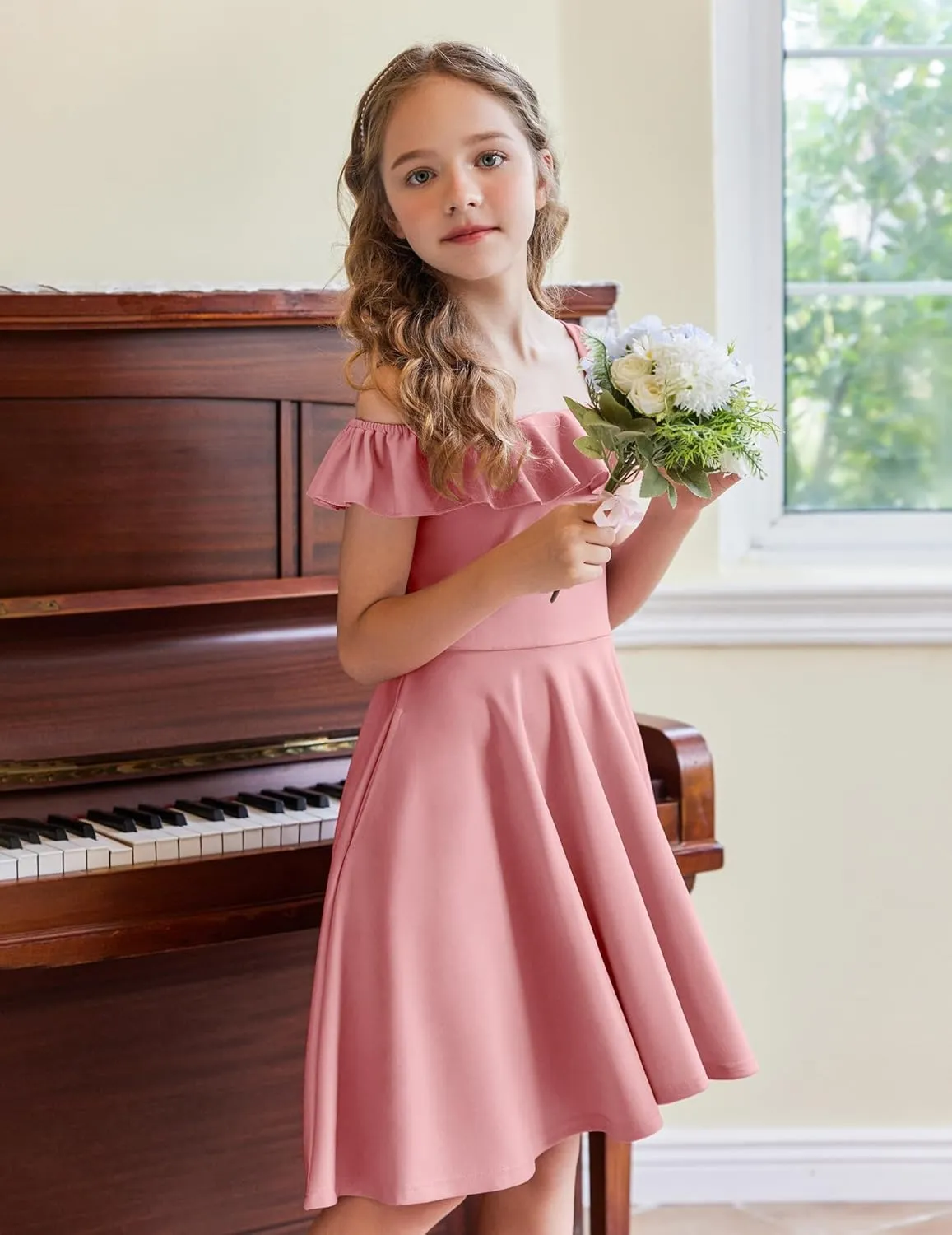 Arshiner Girls Summer Dress Off Shoulder Flutter Sleeve Midi Swing Cassual Formal Dresses with Pocket
