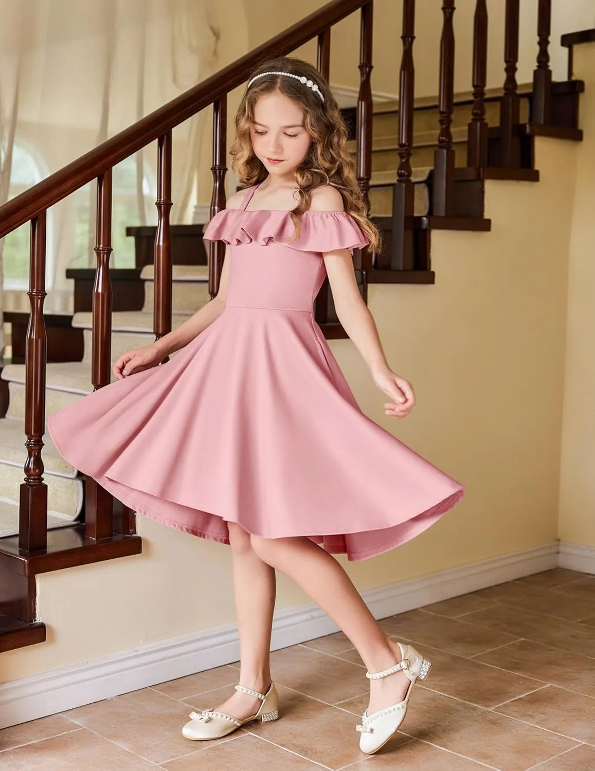 Arshiner Girls Summer Dress Off Shoulder Flutter Sleeve Midi Swing Cassual Formal Dresses with Pocket