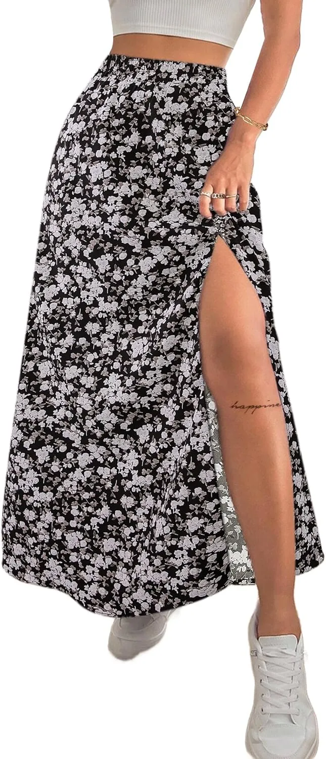 Avanova Women Boho Floral Slit Maxi Skirt Split Thigh High Waisted Long Sexy Skirt