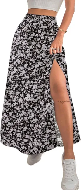 Avanova Women Boho Floral Slit Maxi Skirt Split Thigh High Waisted Long Sexy Skirt