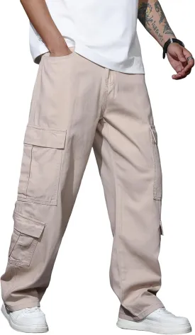 Baggy Denim Cargo Pants for Men with Pockets Mid Weight Wide Leg Hip Hop Skater Jeans Streetwear