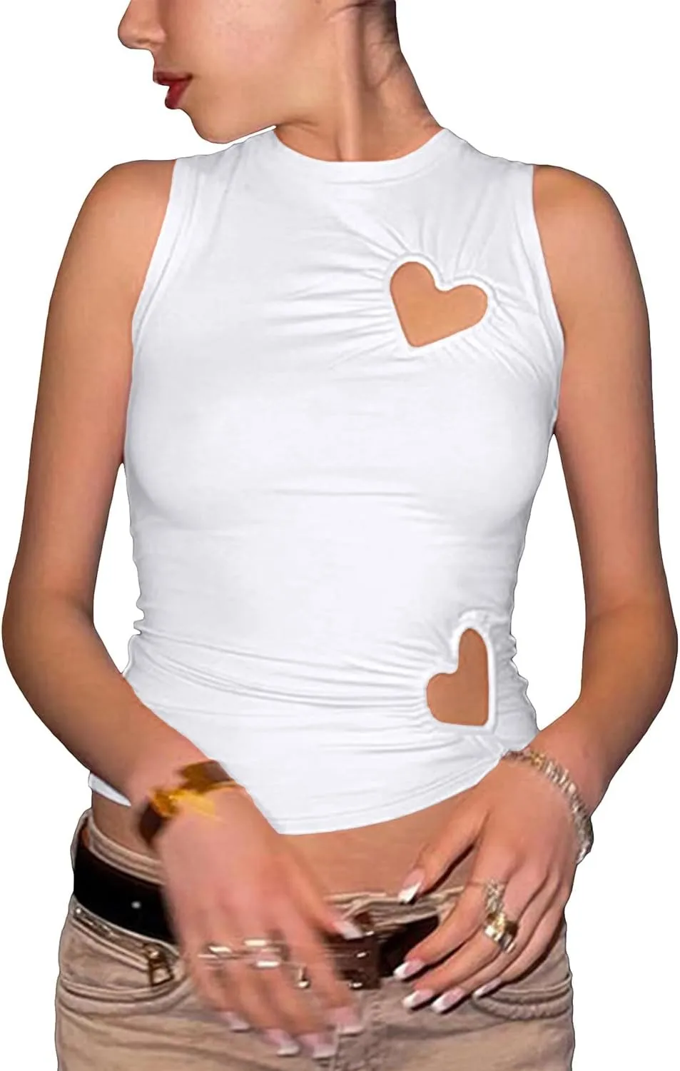 BAIGRAM Women Y2K Asymmetric Cutout Metal Heart High Neck Crop Tank Tops Sleeveless Slim Fit Grunge Harajuku Summer Vest Girl