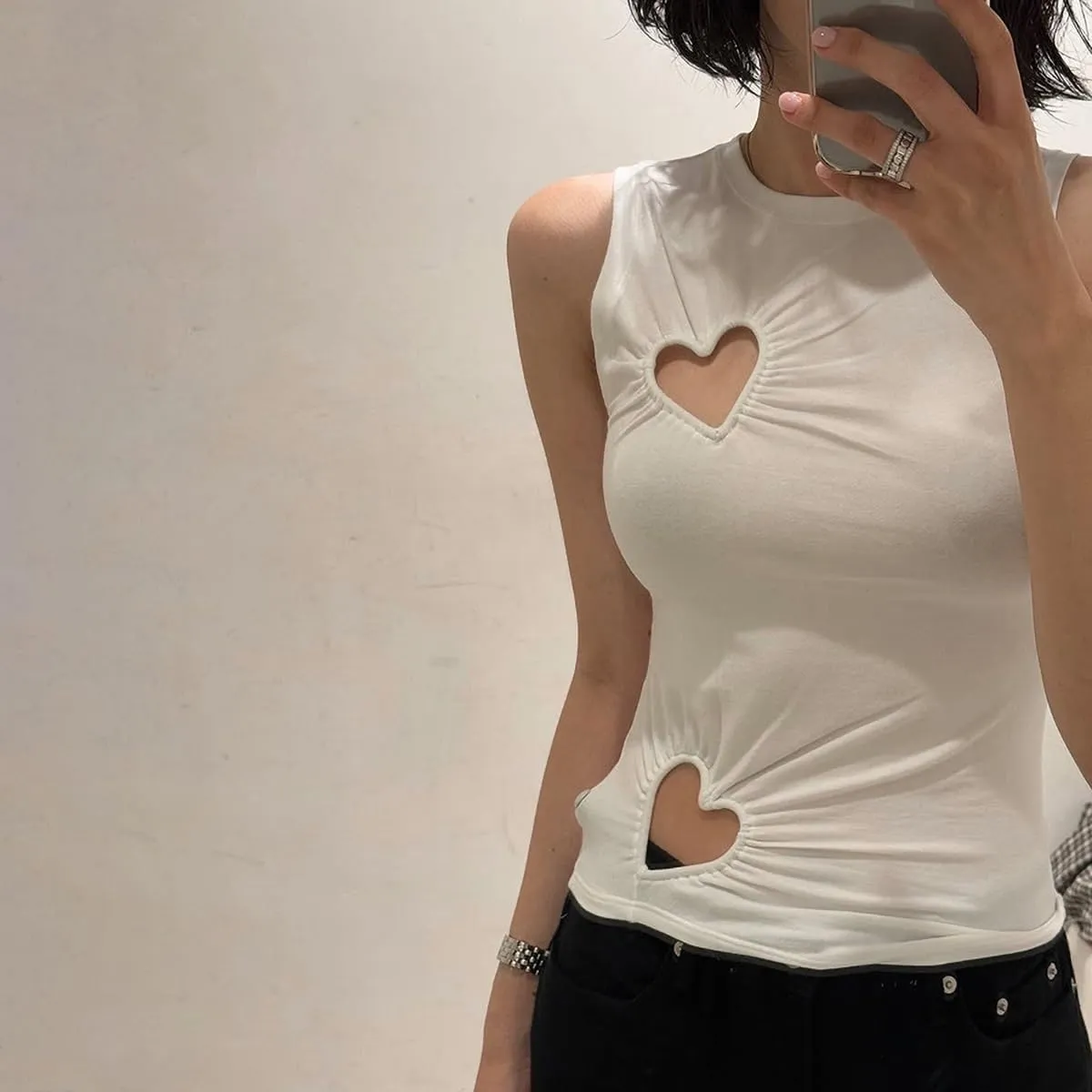 BAIGRAM Women Y2K Asymmetric Cutout Metal Heart High Neck Crop Tank Tops Sleeveless Slim Fit Grunge Harajuku Summer Vest Girl