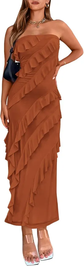 BTFBM Women Summer Elegant Strapless Midi Ruched Bodycon Dress Solid Color Stretch Mesh Slim Party Cocktail Dresses