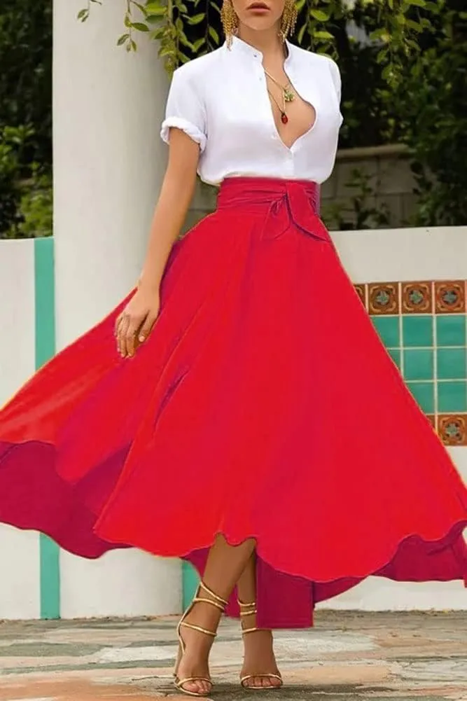 chouyatou Women's Elegant High Waisted Side Slit Irregular Bohemian Maxi Skirt with Pockets
