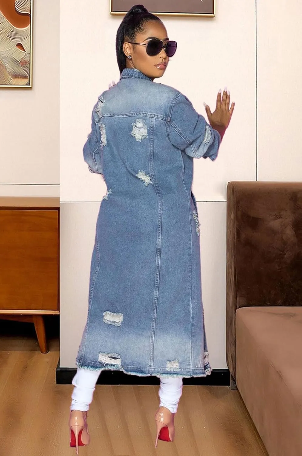 chouyatou Women's Spring Fashion Ripped Holes Maxi Long Denim Jacket Trench Coat