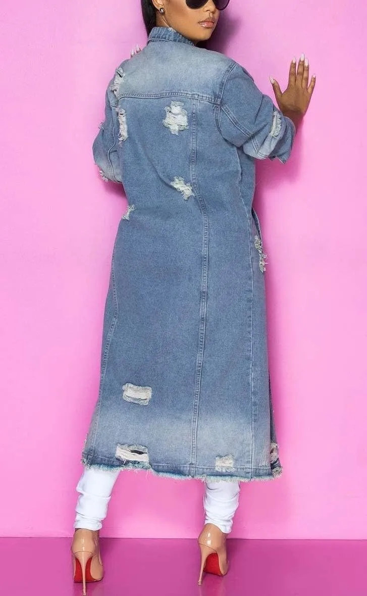 chouyatou Women's Spring Fashion Ripped Holes Maxi Long Denim Jacket Trench Coat