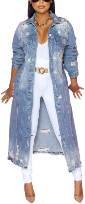 chouyatou Women's Spring Fashion Ripped Holes Maxi Long Denim Jacket Trench Coat