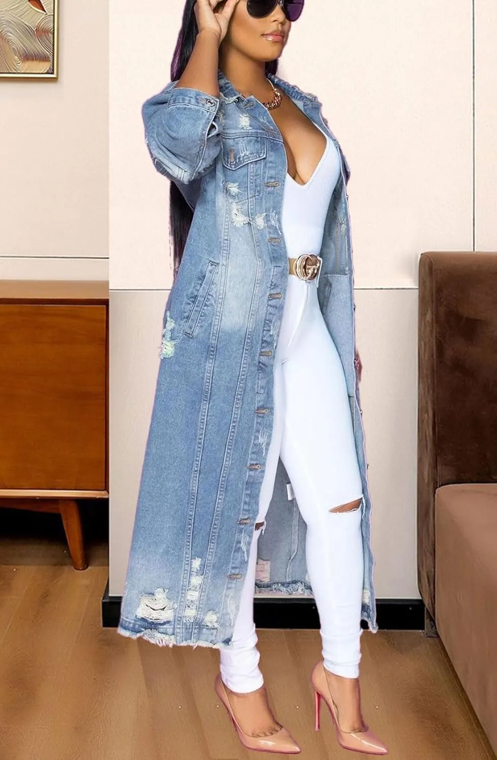 chouyatou Women's Spring Fashion Ripped Holes Maxi Long Denim Jacket Trench Coat