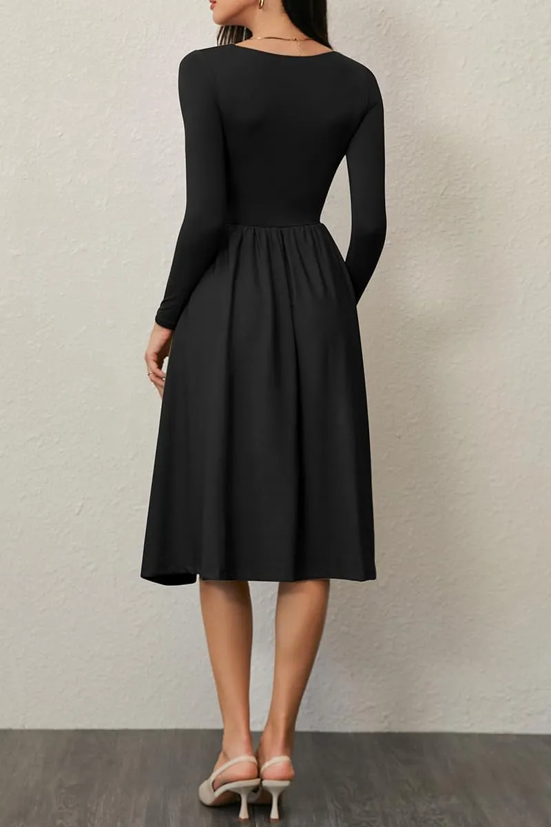 CHYRII Women Spring Fashion 2025 Square Neck Long Sleeve Casual A-Line Midi Dress