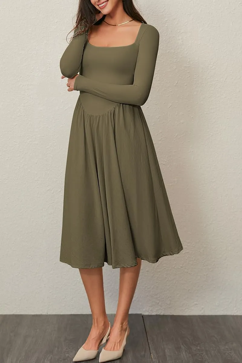 CHYRII Women Spring Fashion 2025 Square Neck Long Sleeve Casual A-Line Midi Dress
