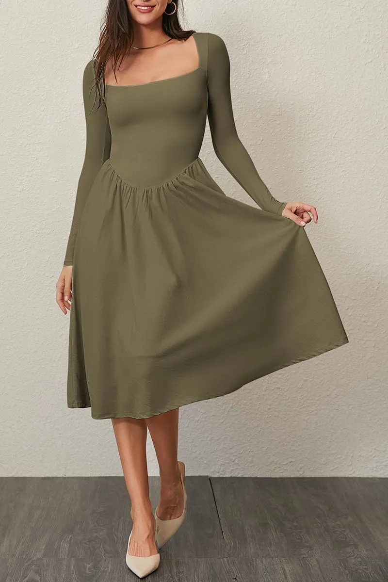 CHYRII Women Spring Fashion 2025 Square Neck Long Sleeve Casual A-Line Midi Dress