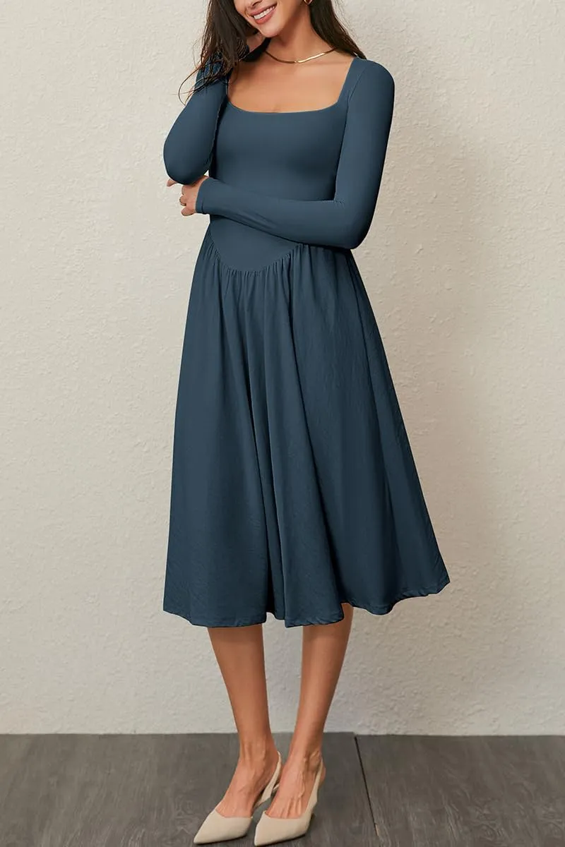 CHYRII Women Spring Fashion 2025 Square Neck Long Sleeve Casual A-Line Midi Dress