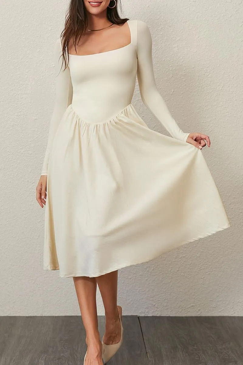 CHYRII Women Spring Fashion 2025 Square Neck Long Sleeve Casual A-Line Midi Dress